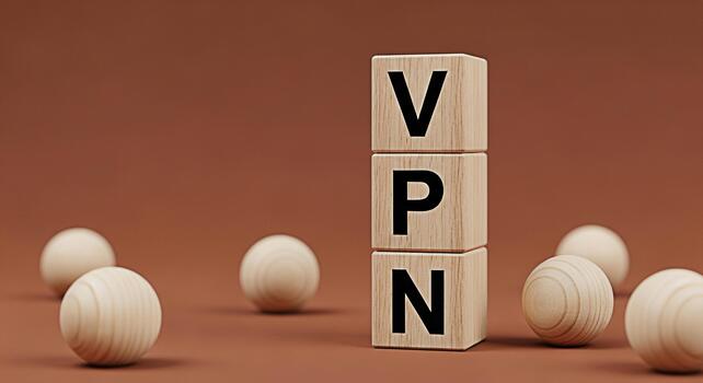 Wooden blocks spelling VPN on a brown surface surrounded by wooden balls symbolizing secure internet connection and data privacy conveying a sense of trust and protection in the digital world photo