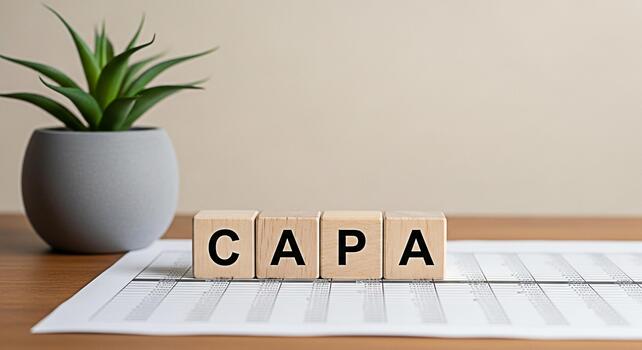 Wooden blocks spelling CAPA on a desk with financial reports and a potted plant representing corrective action and preventative action for quality control and continuous improvement in a business sett photo