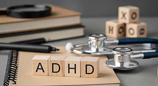 Wooden blocks spelling ADHD on a notebook with a stethoscope and books in the background representing attention deficit hyperactivity disorder awareness and medical understanding in a clinical setting photo
