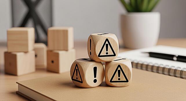 Wooden dice displaying warning signs stacked on a notebook in a bright office symbolizing risk management and potential hazards in business operations and the importance of safety awareness photo