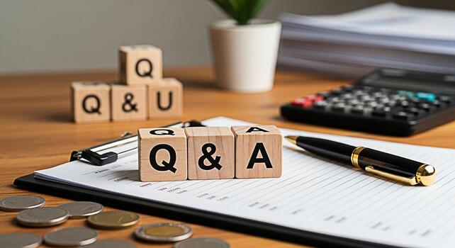 Wooden blocks spelling QA on a clipboard with a pen and coins on a wooden desk representing questions and answers knowledge and financial planning in a bright and organized office environment photo