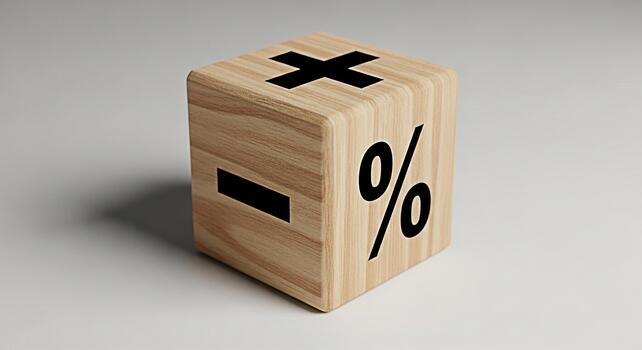 Wooden cube displaying mathematical symbols on a white surface representing calculation and financial concepts conveying a sense of precision and analytical thinking in a minimalist setting photo