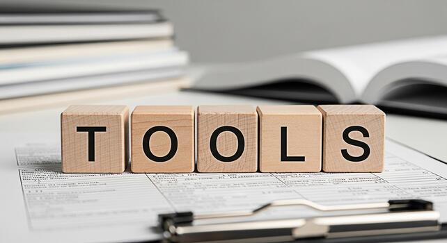 Wooden blocks spelling TOOLS resting on a form with an open book in the background representing resources and instruments needed for success in a professional and educational setting photo