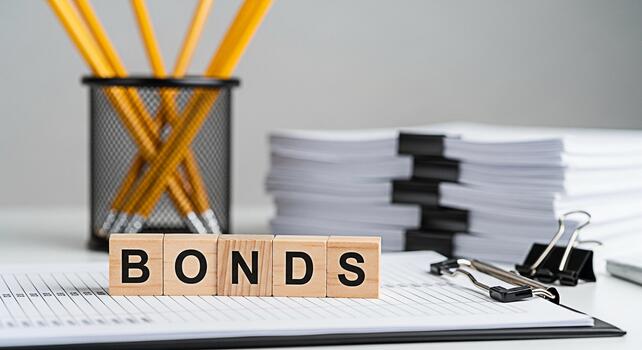 Wooden blocks spelling BONDS on a financial report in a bright office setting symbolizing investment strategies and financial security with pencils and documents in the background photo