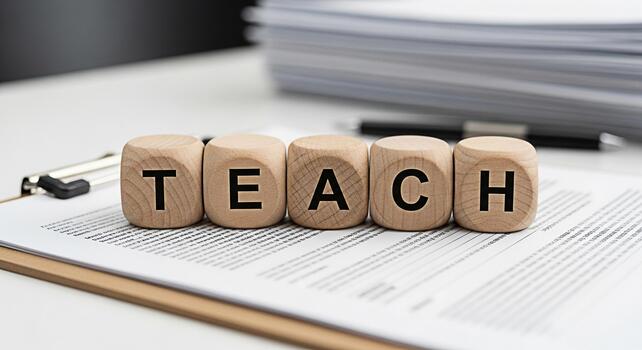Wooden blocks spelling TEACH on a clipboard in a bright office representing education learning and the importance of knowledge sharing in a professional and academic environment photo