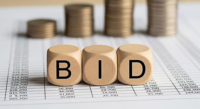 Wooden blocks spelling BID rest on a financial spreadsheet with stacks of coins in the background representing a competitive offer and strategic investment in a datadriven environment photo