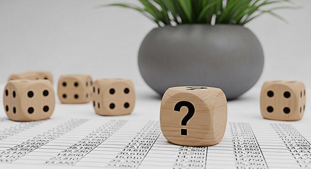 Wooden dice with a question mark facing forward on a financial report in a bright studio setting symbolizing uncertainty and risk in business decisions and investment strategies creating a sense of co photo