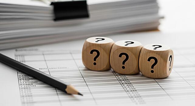 Wooden dice displaying question marks resting on financial documents with a pencil symbolizing uncertainty and the need for careful analysis in business and investment decisions photo