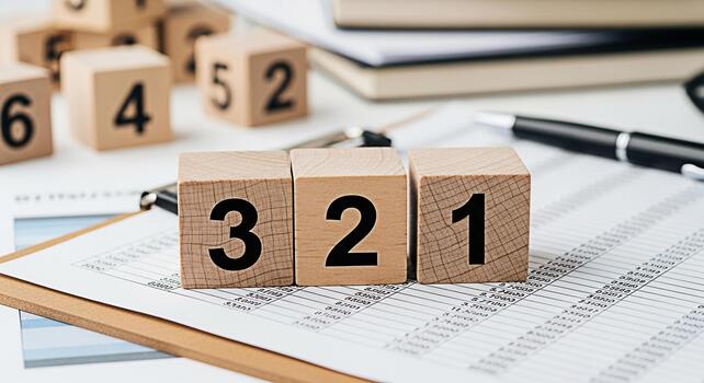 Wooden number blocks counting down on a financial report symbolizing countdown planning and financial analysis in a business environment suggesting precision and strategic thinking for success photo