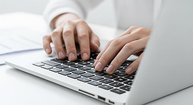 Closeup of hands typing on a laptop keyboard in a bright minimalist workspace conveying focus and productivity for business communication and technology concepts photo
