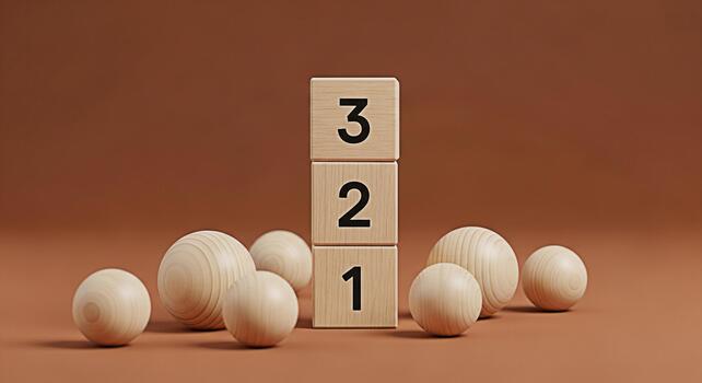 Wooden blocks stacked with numbers 3 2 1 surrounded by wooden balls on a brown surface representing countdown preparation and anticipation for an event or project with a minimalist aesthetic photo