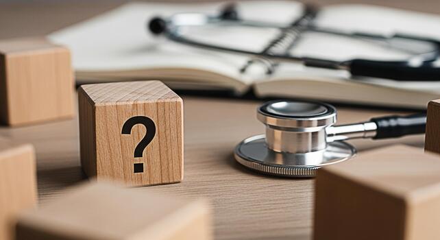 Wooden blocks displaying a question mark symbol next to a stethoscope and open notebook on a wooden desk representing medical questions health concerns and the search for answers in healthcare photo