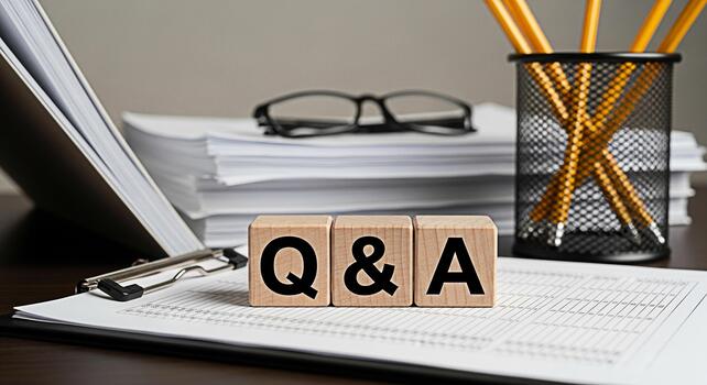 Wooden blocks displaying Q A on a desk with paperwork and pencils in a bright office representing questions and answers knowledge sharing and information resources for business and education photo