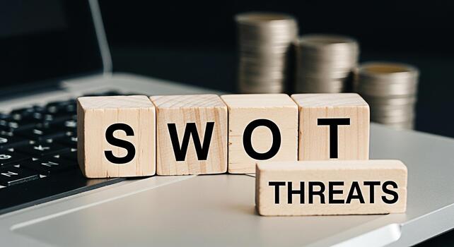 SWOT analysis blocks on a laptop keyboard representing business strategy planning and risk management in a modern office environment symbolizing strategic thinking and problemsolving for growth and su photo