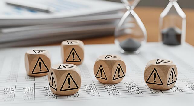 Wooden dice displaying warning signs on financial reports with an hourglass in the background symbolizing risk management and the urgency of addressing potential problems in a business setting with a photo