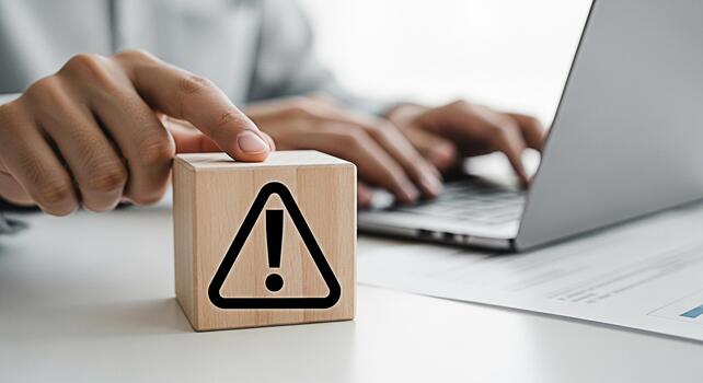 Person working on a laptop in an office setting with a wooden block displaying an exclamation point symbol representing a warning about potential cybersecurity threats and the importance of data prote photo