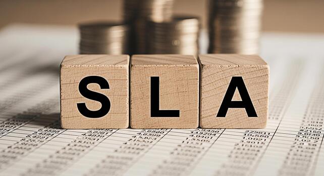 Wooden blocks spelling SLA on a financial report with stacks of coins in the background representing Service Level Agreement and financial commitment in a business environment conveying trust and reli photo