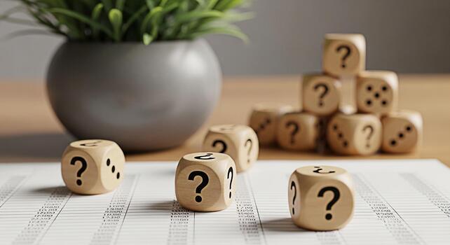 Wooden dice displaying question marks and dots resting on a financial document in a bright office symbolizing uncertainty risk assessment and decisionmaking in business and investment strategies photo
