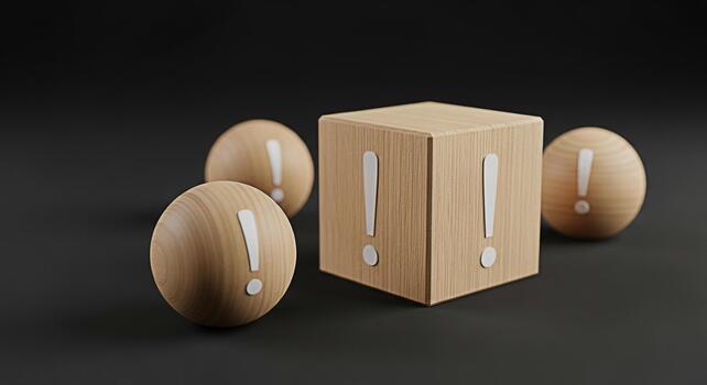 Wooden spheres and a cube displaying exclamation marks on a dark surface symbolizing urgency and attention creating a sense of importance and highlighting critical information with a minimalist design photo