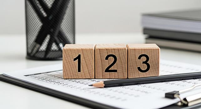 Wooden number blocks displaying 1 2 and 3 on a financial report in a bright office representing progress growth and a stepbystep approach to success in business and accounting photo