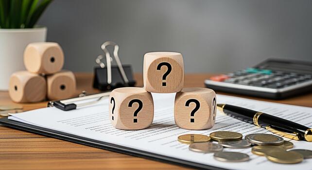 Wooden cubes displaying question marks resting on financial documents in a business setting symbolizing uncertainty and the need for strategic planning in investment and financial decisions photo