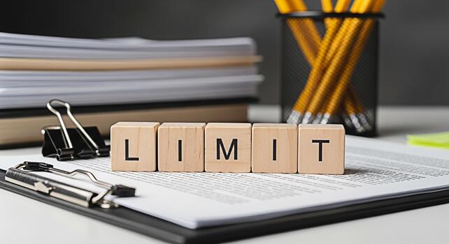 Wooden blocks spelling LIMIT resting on a clipboard in a bright office setting symbolizing boundaries constraints and the importance of setting limits for productivity and wellbeing photo