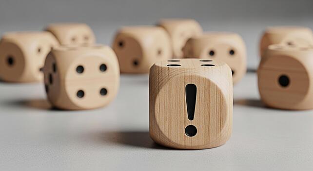 Wooden dice with an exclamation point stands out from the crowd on a neutral surface symbolizing attention warning and the importance of standing out in a competitive environment with a sense of urgen photo