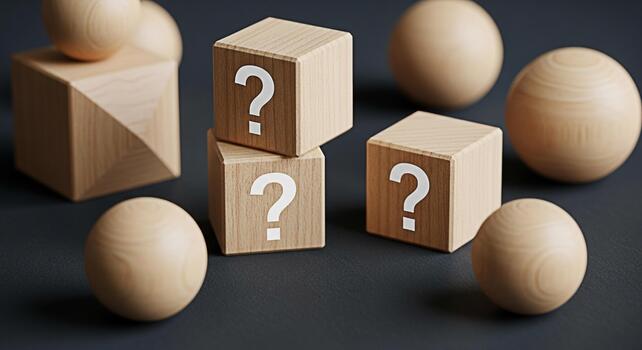 Wooden blocks displaying question marks surrounded by spheres on a dark surface representing uncertainty curiosity and the exploration of unknown possibilities in a minimalist and conceptual setting photo