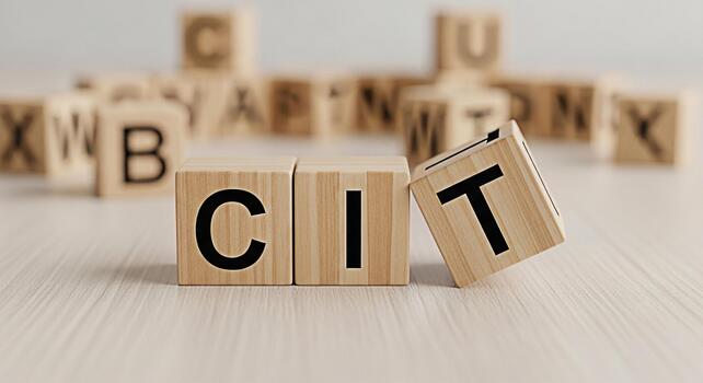 Wooden blocks spelling CIT on a white wooden surface with other letter blocks in the background representing concepts like coding information technology and critical thinking in a bright minimalist se photo