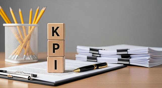 Wooden blocks displaying KPI on a desk with documents and pen representing key performance indicators in a business setting symbolizing success and strategic planning for achieving goals photo