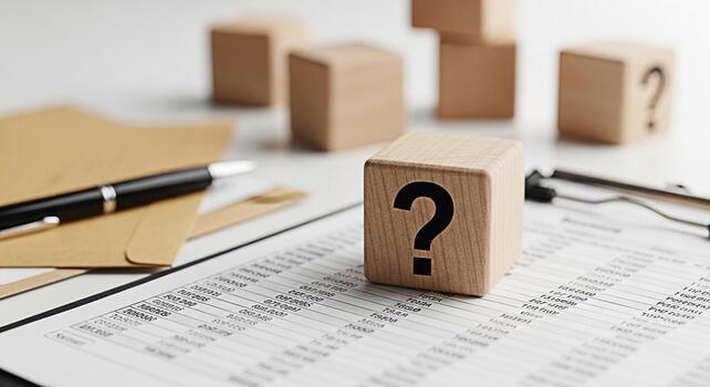 Wooden cube displaying a question mark resting on financial documents in a bright office symbolizing uncertainty and the need for strategic planning in business and investment decisions photo