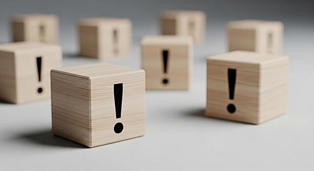 Wooden blocks displaying exclamation points on a neutral surface symbolizing urgency and attention to detail creating a sense of importance and highlighting critical information for business and probl photo