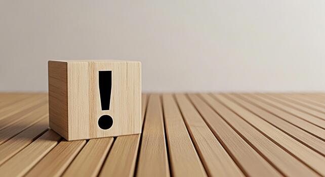 Wooden block displaying an exclamation mark sitting on a wooden surface in a minimalist setting conveying a sense of urgency importance and attention to detail with its clean and simple design photo