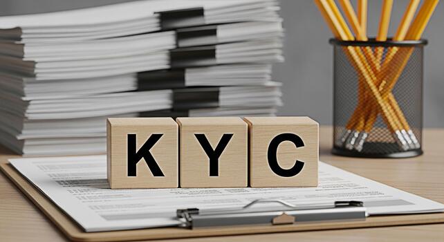 Wooden blocks spelling KYC resting on a clipboard with documents in a professional office setting representing compliance and regulatory requirements for financial institutions and business operations photo