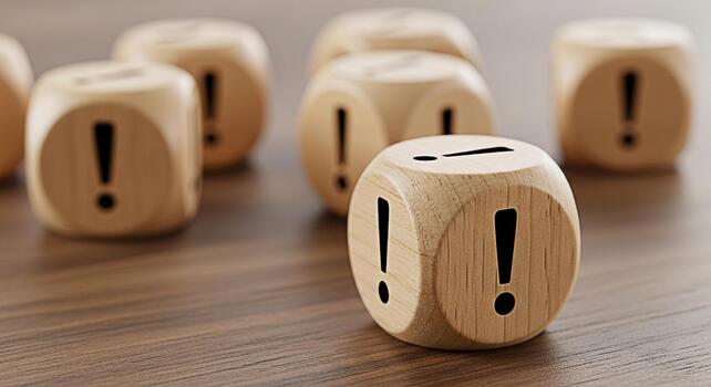 Wooden dice displaying exclamation points on a wooden table emphasizing urgency and importance creating a sense of alert and caution highlighting critical information and potential risks in a business photo