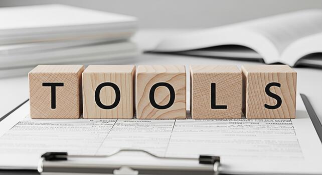 Wooden blocks spelling TOOLS on a clipboard in a bright office setting symbolizing resources and problemsolving for business education and personal development promoting productivity and efficiency photo