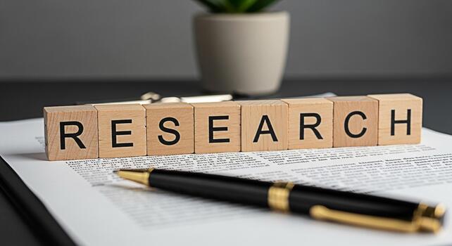 Wooden blocks spelling RESEARCH on a document with a pen in a modern office setting symbolizing the importance of investigation analysis and informed decisionmaking for success and innovation photo