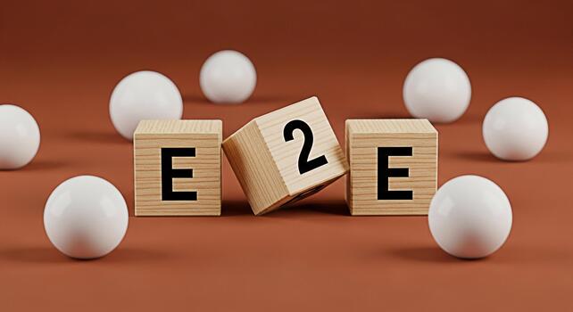 Wooden blocks displaying E2E surrounded by white spheres on a brown surface representing endtoend encryption and secure communication in a simple minimalist setting conveying trust and security photo