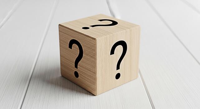 Wooden cube displaying question marks on a white wooden surface representing uncertainty curiosity and the unknown in a clean and minimalist setting inviting exploration and problemsolving photo