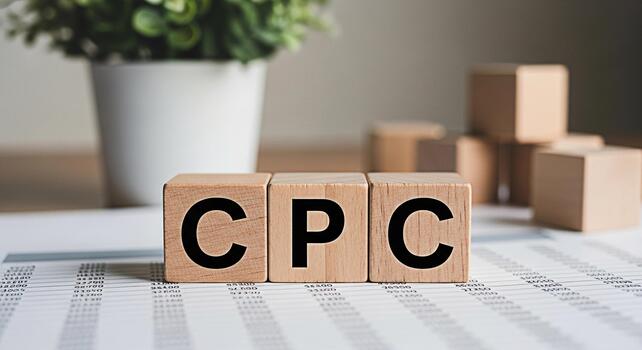 Wooden blocks displaying CPC on a financial document in a bright office representing cost per click advertising and online marketing strategies for business growth and increased revenue photo