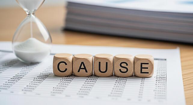 Wooden blocks spelling CAUSE sitting on a financial report with an hourglass in the background symbolizing the importance of identifying root causes in business and finance for effective problemsolvin photo