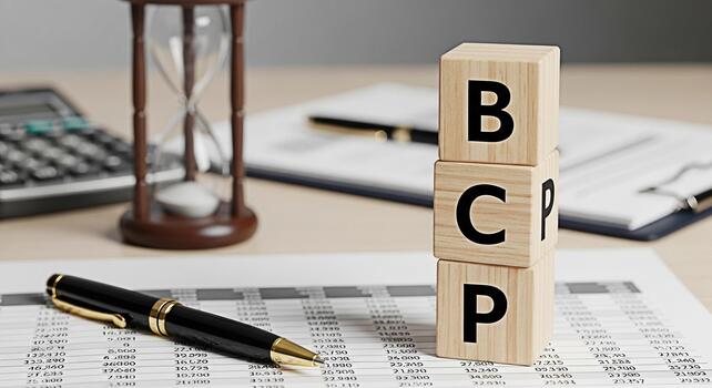 Wooden blocks spelling BCP resting on financial reports in a welllit office symbolizing Business Continuity Planning and risk management with an hourglass and calculator in the background conveying a photo