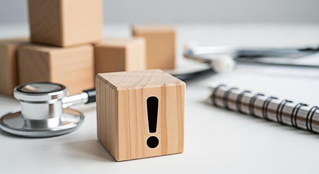 Wooden block displaying an exclamation mark next to a stethoscope on a white table symbolizing a medical alert or health warning with a focus on preventative care and the importance of health awarenes photo
