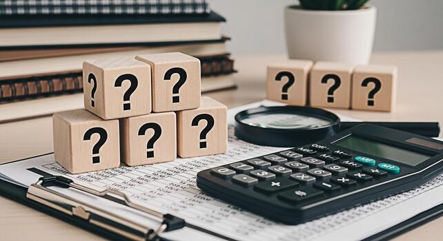 Wooden blocks with question marks resting on financial documents with a calculator and magnifying glass on a desk representing uncertainty in business and investment decisions photo