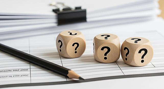 Wooden dice displaying question marks on a document with a pencil representing uncertainty and the need for answers in a business or educational setting creating a mood of inquiry and problemsolving photo