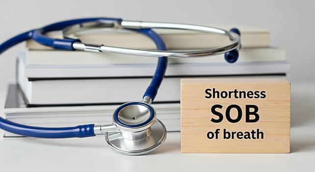 Medical stethoscope resting on a stack of books next to a wooden block displaying Shortness of Breath SOB in a clinical setting symbolizing respiratory health and diagnostic awareness photo