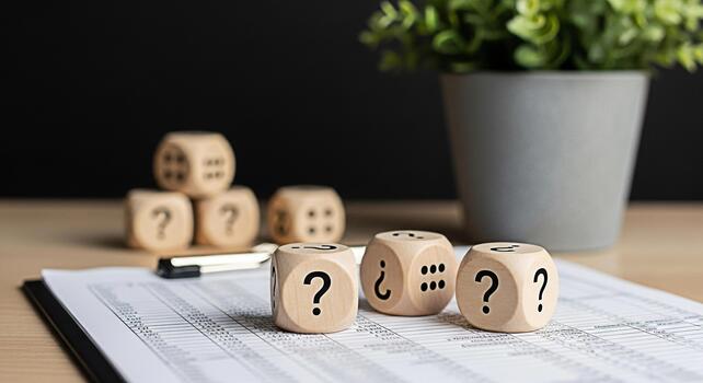 de madera dado mostrando pregunta marcas dispersado en un financiero reporte en un brillante oficina simbolizando incertidumbre en negocio decisiones y el necesitar para estratégico planificación y riesgo evaluación foto