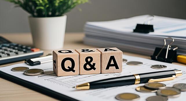 Wooden blocks spelling QA resting on a financial document with coins a pen and a calculator in a bright office setting symbolizing business questions and answers for financial success photo