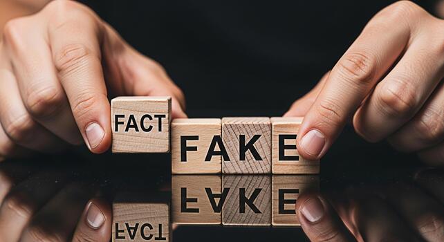 Hands arranging wooden blocks with FACT and FAKE on a reflective surface symbolizing the fight against misinformation and promoting truth in a world of deception and alternative facts photo