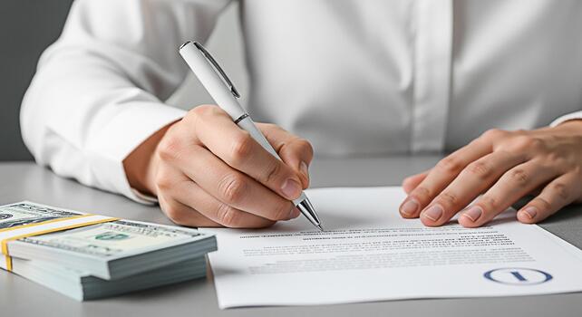 Closeup of a person signing a contract with a pen on a desk next to a stack of money symbolizing financial agreement and commitment in a professional setting photo